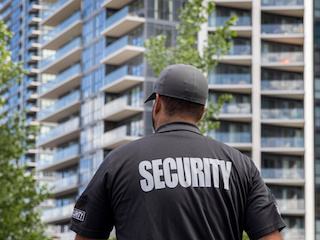 Security Officer walking towards a set residential buildings